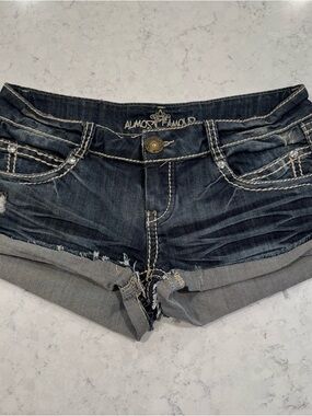 Almost Famous Dark Wash Denim Roll-Cuff Women’s 13 Shorts Whiskering Low-Rise